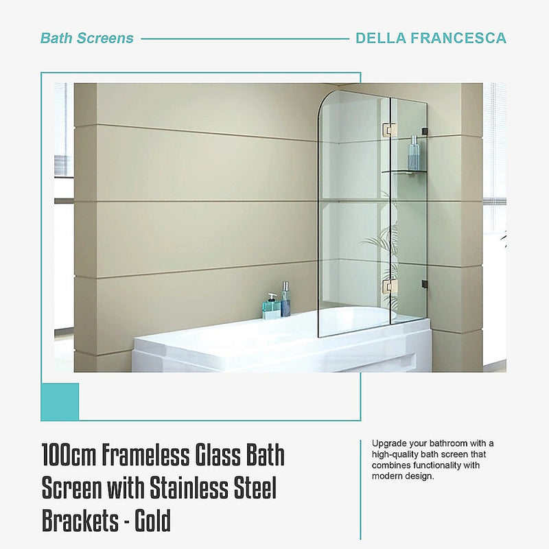 100cm Frameless Glass Bath Screen with Stainless Steel Brackets - Gold
