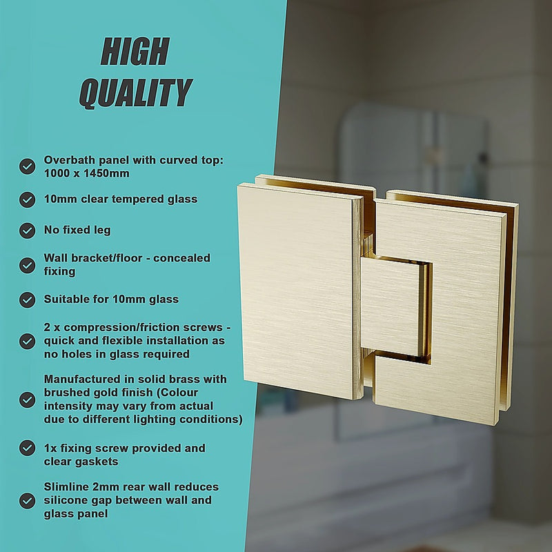 100cm Frameless Glass Bath Screen with Stainless Steel Brackets - Gold