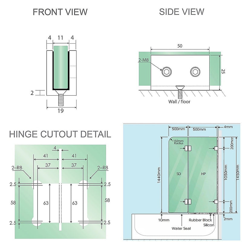 100cm Frameless Glass Bath Screen with Stainless Steel Brackets - Gold