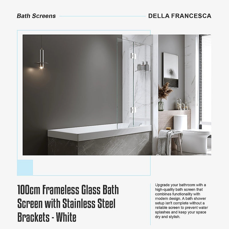 100cm Frameless Glass Bath Screen with Stainless Steel Brackets - White