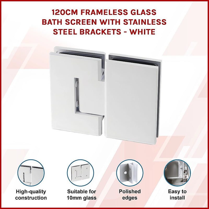 120cm Frameless Glass Bath Screen with Stainless Steel Brackets - White