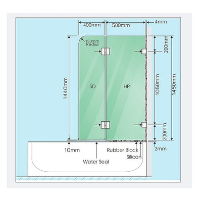 90cm Frameless Glass Bath Screen with Stainless Steel Brackets - Nickel