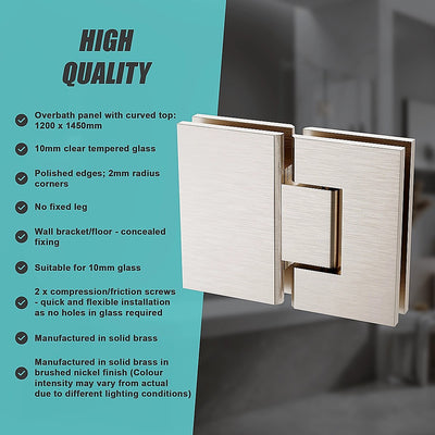 120cm Frameless Glass Bath Screen with Stainless Steel Brackets - Nickel