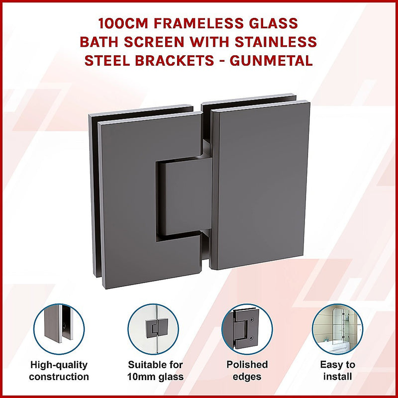 100cm Frameless Glass Bath Screen with Stainless Steel Brackets - Gunmetal