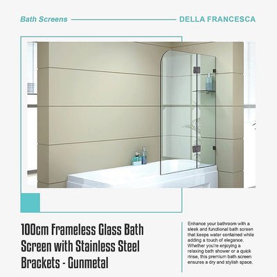 100cm Frameless Glass Bath Screen with Stainless Steel Brackets - Gunmetal