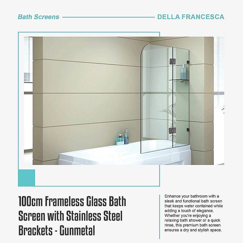 100cm Frameless Glass Bath Screen with Stainless Steel Brackets - Gunmetal