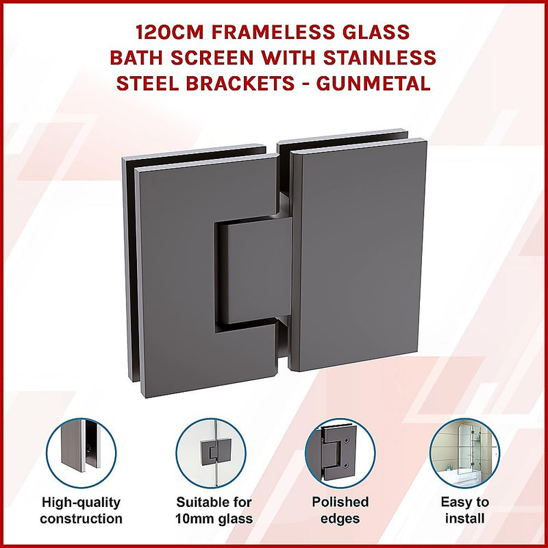 120cm Frameless Glass Bath Screen with Stainless Steel Brackets - Gunmetal