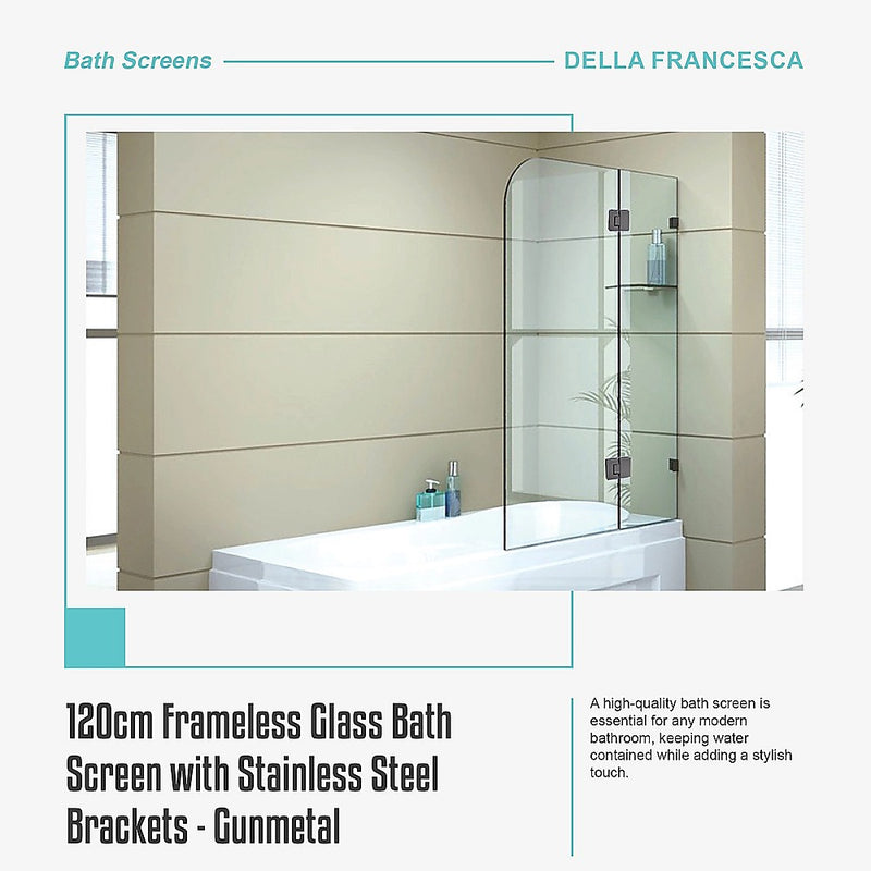 120cm Frameless Glass Bath Screen with Stainless Steel Brackets - Gunmetal