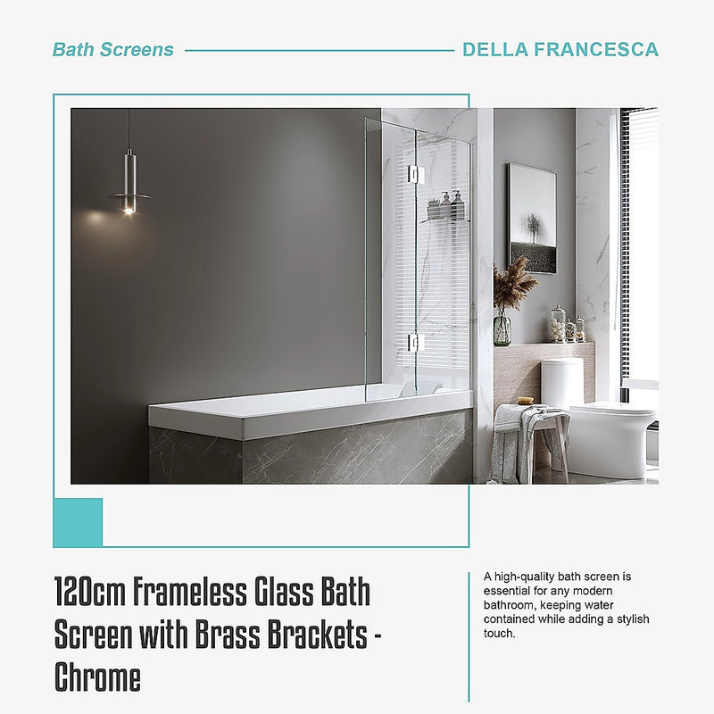 120cm Frameless Glass Bath Screen with Brass Brackets - Chrome