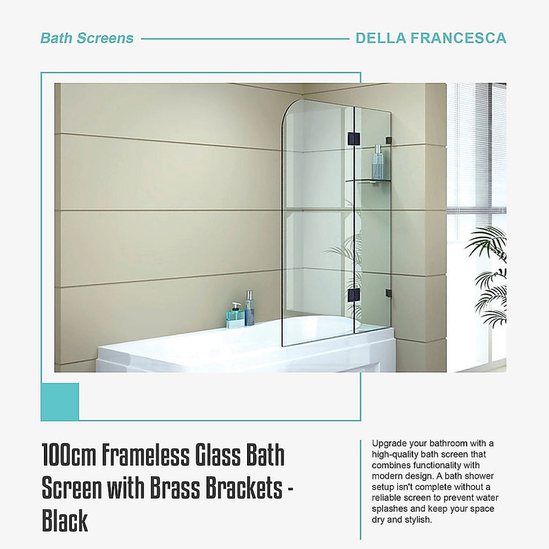 100cm Frameless Glass Bath Screen with Brass Brackets - Black