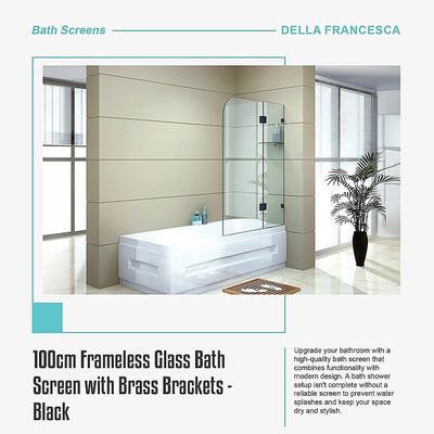 100cm Frameless Glass Bath Screen with Brass Brackets - Black