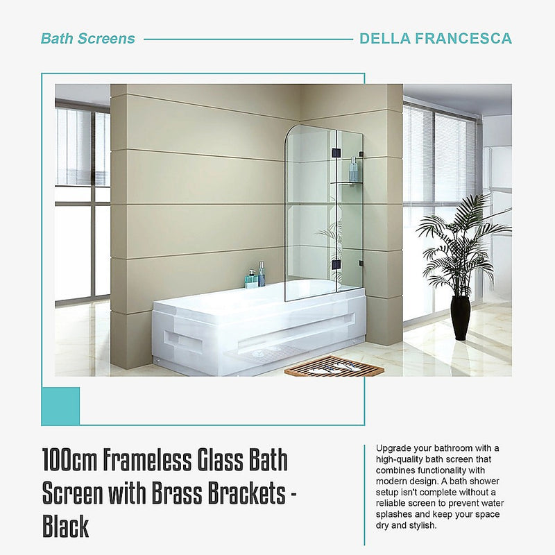 100cm Frameless Glass Bath Screen with Brass Brackets - Black