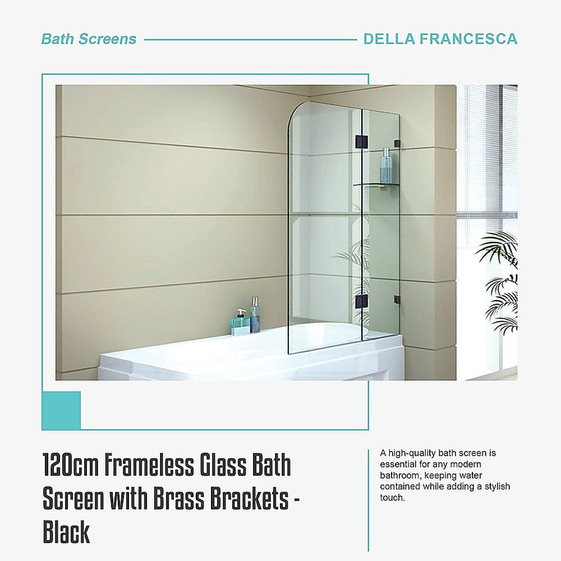 120cm Frameless Glass Bath Screen with Brass Brackets - Black