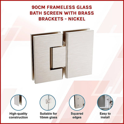 100cm Frameless Glass Bath Screen – Brass Wall U-Brackets in Nickel for Stylish Bathroom Upgrade