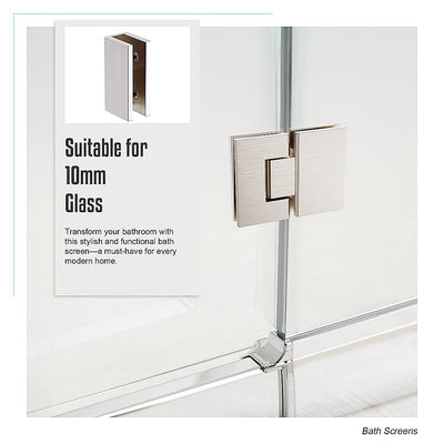 100cm Frameless Glass Bath Screen – Brass Wall U-Brackets in Nickel for Stylish Bathroom Upgrade
