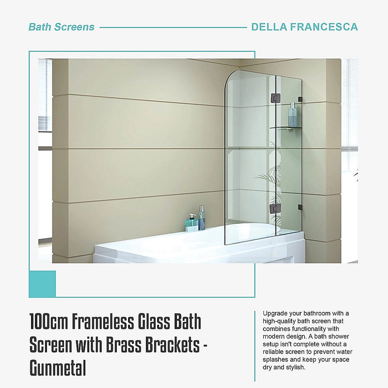 100cm Frameless Glass Bath Screen with Brass Brackets - Gunmetal
