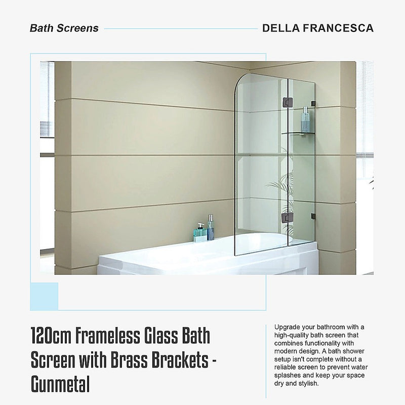 120cm Frameless Glass Bath Screen – Brass Wall U-Brackets in Gunmetal for Stylish Bathroom Upgrade