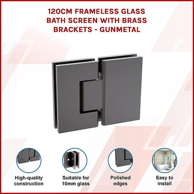 120cm Frameless Glass Bath Screen – Brass Wall F-Brackets in Gunmetal for Stylish Bathroom Upgrade