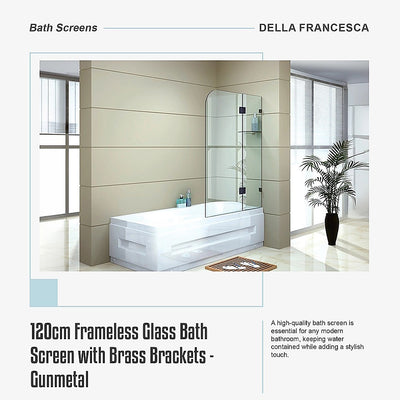 120cm Frameless Glass Bath Screen – Brass Wall F-Brackets in Gunmetal for Stylish Bathroom Upgrade