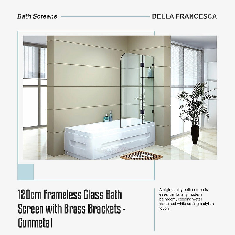 120cm Frameless Glass Bath Screen – Brass Wall F-Brackets in Gunmetal for Stylish Bathroom Upgrade