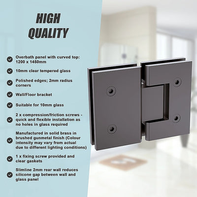 120cm Frameless Glass Bath Screen – Brass Wall F-Brackets in Gunmetal for Stylish Bathroom Upgrade