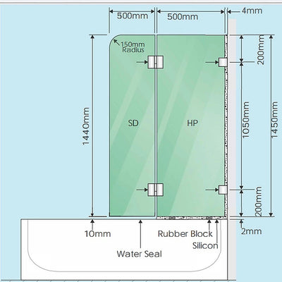 100cm Frameless Glass Bath Screen with Channel and Stainless Steel Hinges- Chrome