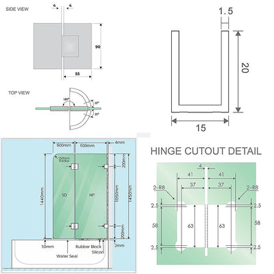 120cm Frameless Glass Bath Screen with Channel and Stainless Steel Hinges- Chrome