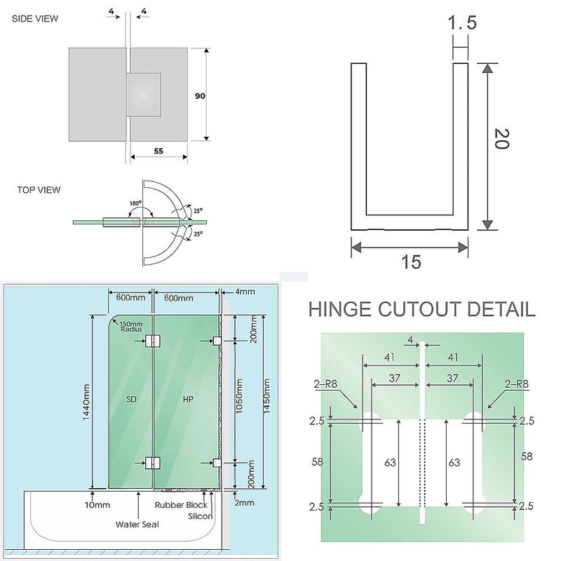 120cm Frameless Glass Bath Screen with Channel and Stainless Steel Hinges- Chrome