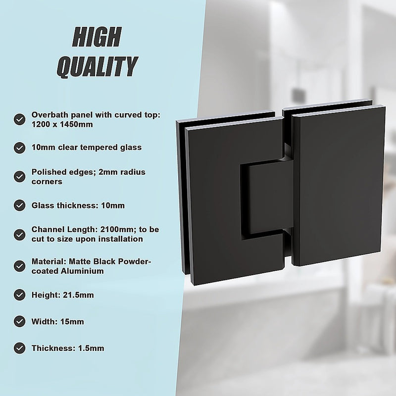 120cm Frameless Glass Bath Screen with Channel and Stainless Steel Hinges- Black