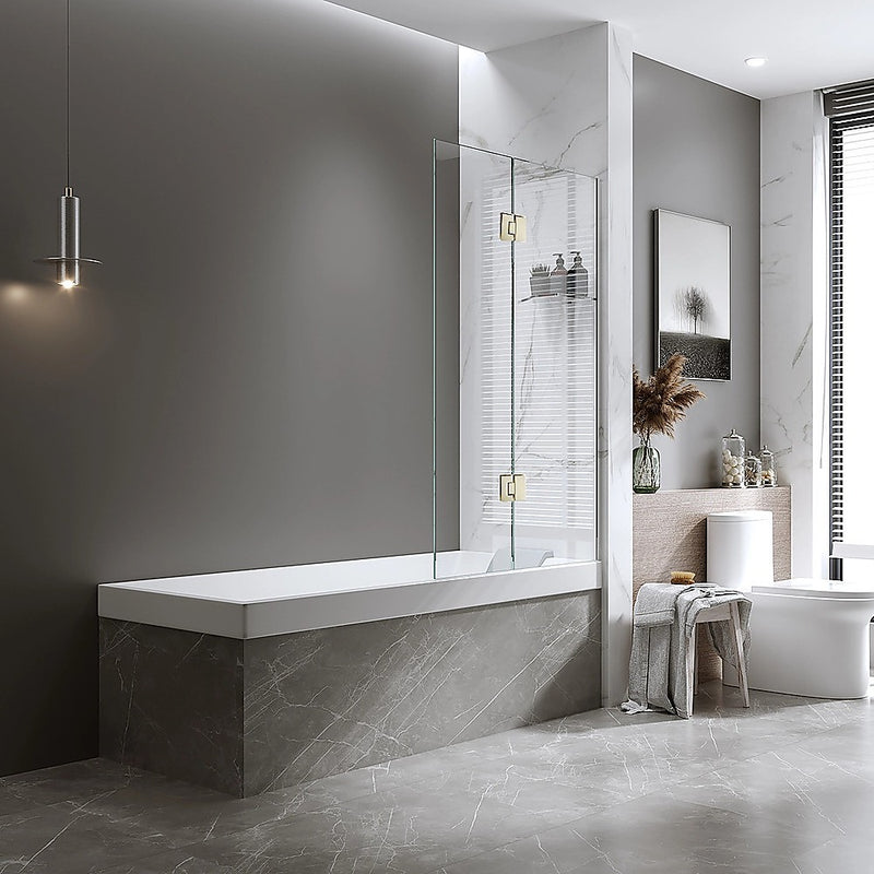 100cm Frameless Glass Bath Screen with Channel and Stainless Steel Hinges- Gold