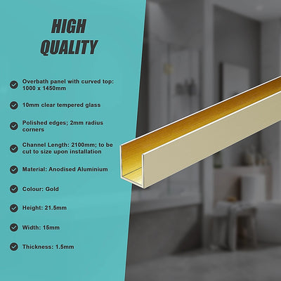 100cm Frameless Glass Bath Screen with Channel and Stainless Steel Hinges- Gold