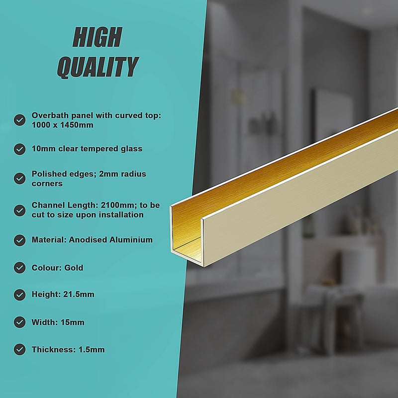 100cm Frameless Glass Bath Screen with Channel and Stainless Steel Hinges- Gold