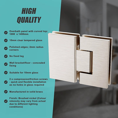 100cm Frameless Glass Bath Screen with Channel and Stainless Steel Hinges- Nickel