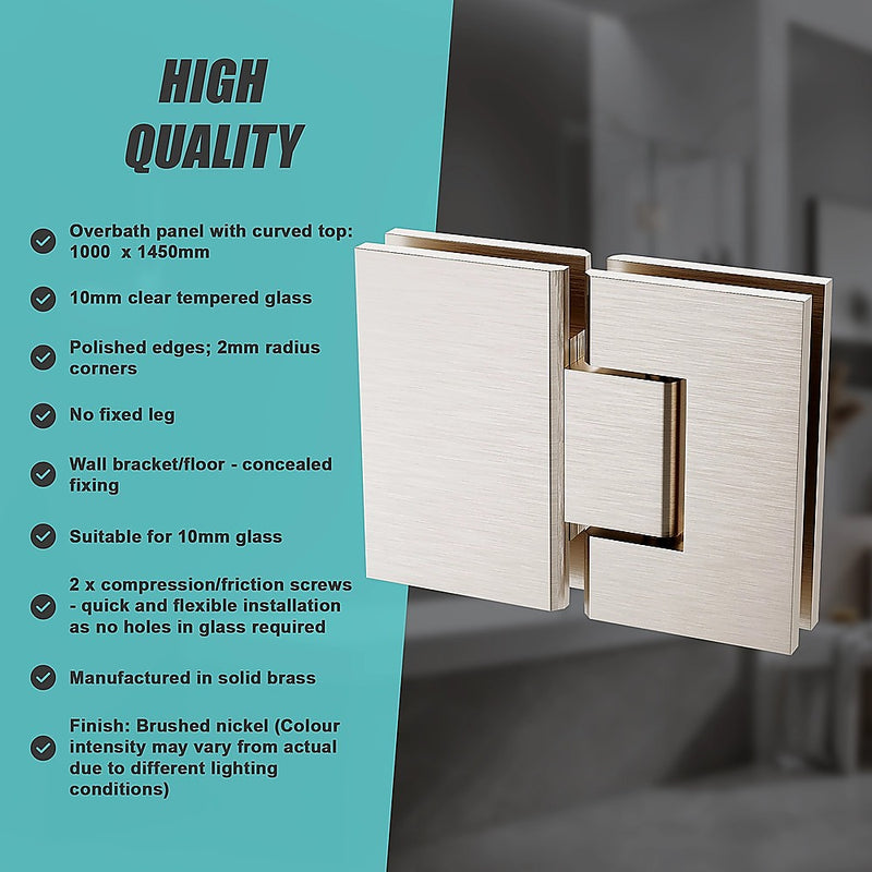 100cm Frameless Glass Bath Screen with Channel and Stainless Steel Hinges- Nickel