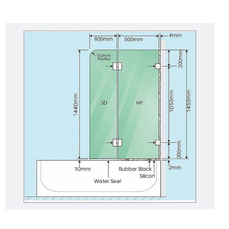 120cm Frameless Glass Bath Screen – Wall Channel with Stainless Steel Hinges in Nickel Finish