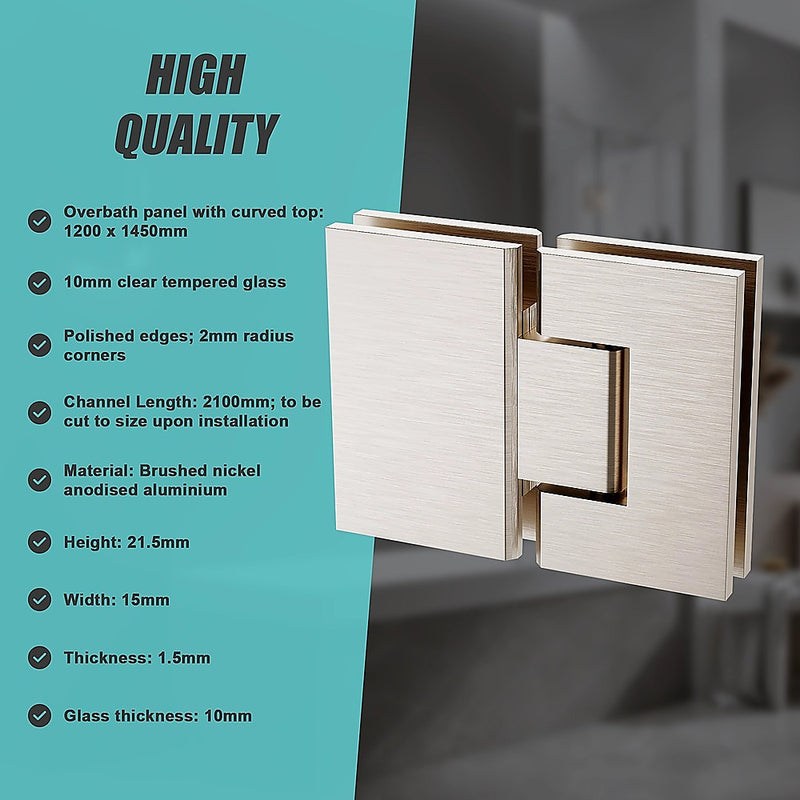 120cm Frameless Glass Bath Screen with Channel and Stainless Steel Hinges- Nickel