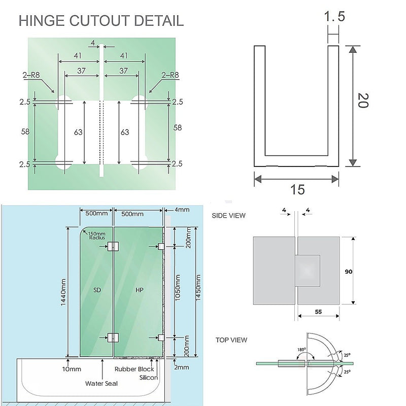100cm Frameless Glass Bath Screen with Channel and Stainless Steel Hinges- Gunmetal
