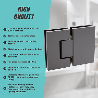 120cm Frameless Glass Bath Screen with Channel and Stainless Steel Hinges- Gunmetal