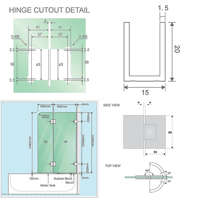 120cm Frameless Glass Bath Screen with Channel and Stainless Steel Hinges- Gunmetal