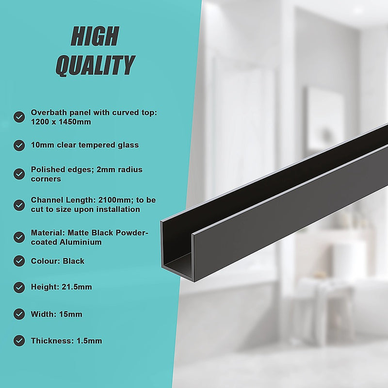 120cm Frameless Glass Bath Screen with Channel and Brass Hinges - Black