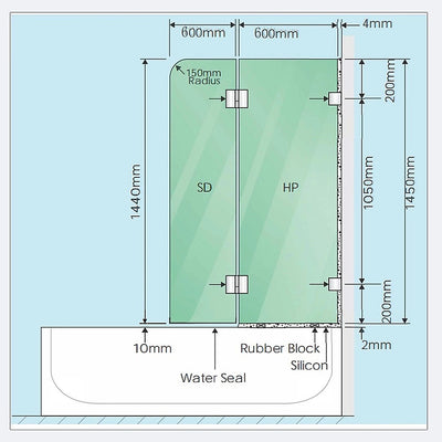 120cm Frameless Glass Bath Screen with Channel and Brass Hinges - Black