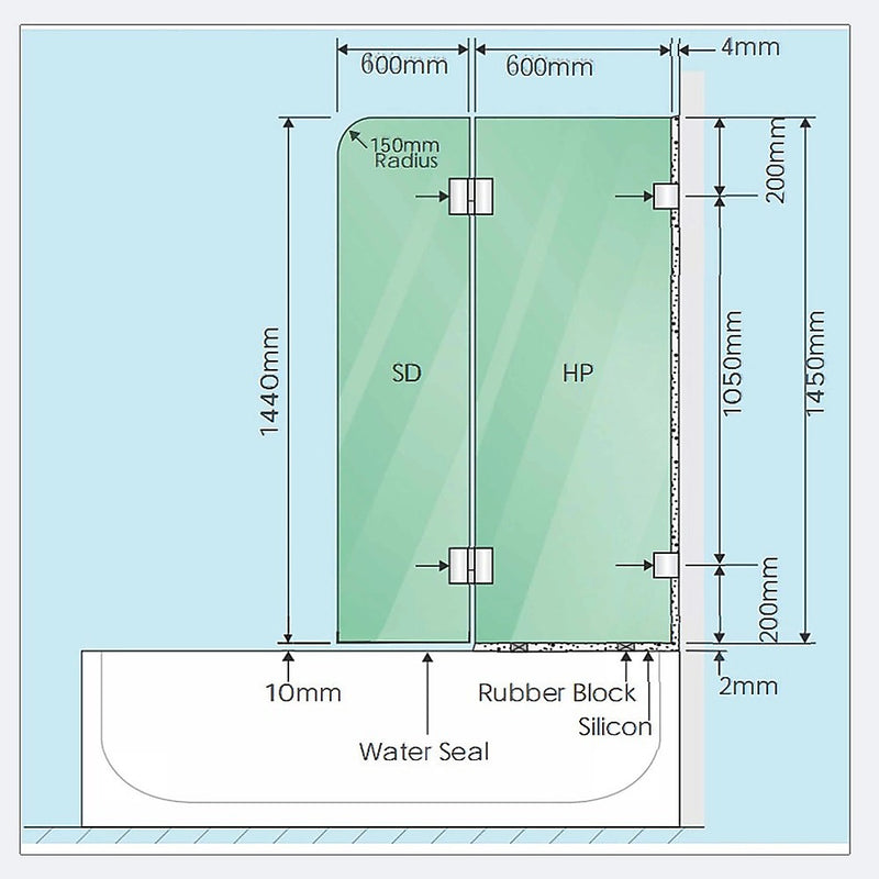 120cm Frameless Glass Bath Screen with Channel and Brass Hinges - Black