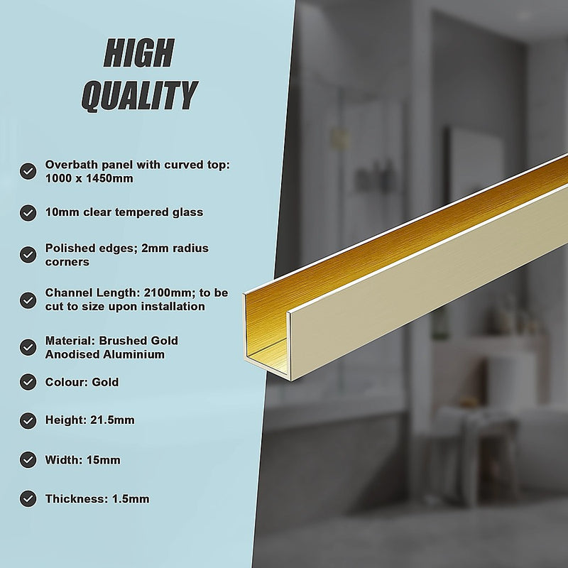 100cm Frameless Glass Bath Screen with Channel and Brass Hinges - Gold