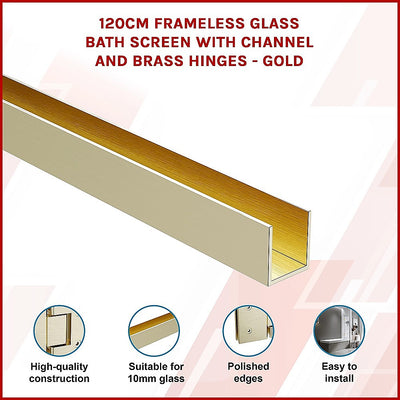 120cm Frameless Glass Bath Screen with Channel and Brass Hinges - Gold