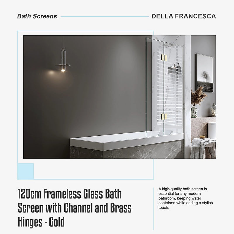 120cm Frameless Glass Bath Screen with Channel and Brass Hinges - Gold
