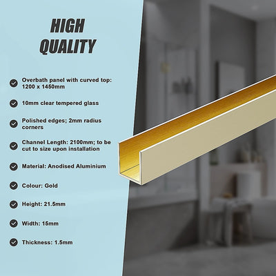 120cm Frameless Glass Bath Screen with Channel and Brass Hinges - Gold