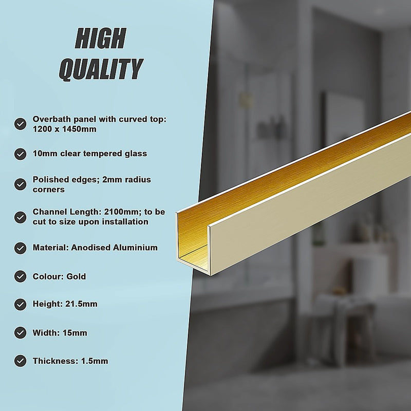 120cm Frameless Glass Bath Screen with Channel and Brass Hinges - Gold