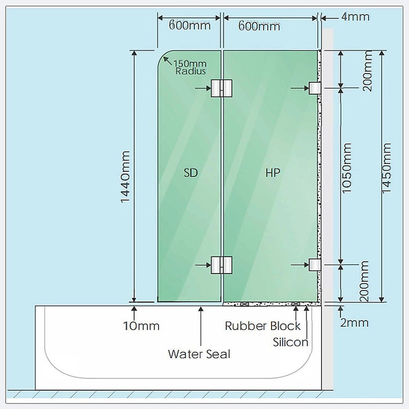 120cm Frameless Glass Bath Screen with Channel and Brass Hinges - Gold