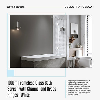 100cm Frameless Glass Bath Screen with Channel and Brass Hinges - White