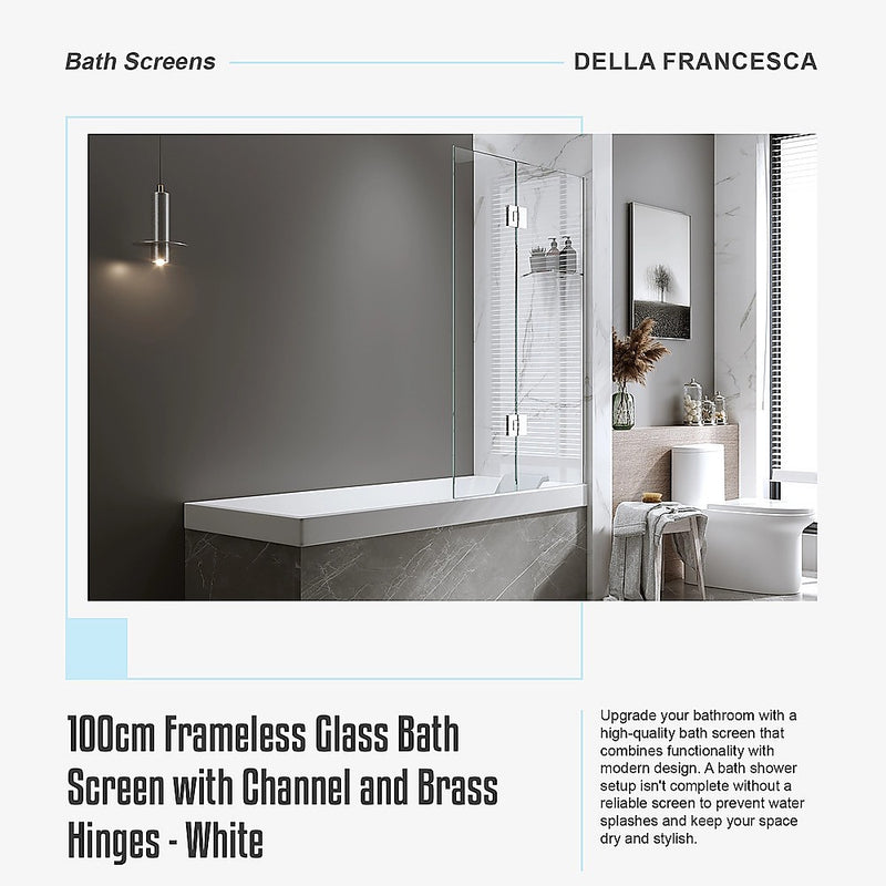 100cm Frameless Glass Bath Screen with Channel and Brass Hinges - White